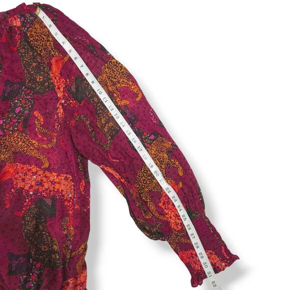 Farm Rio Jungle Jaguar Maxi Dress Ruffle Hem High Neck Sheer Long Sleeve Boho XL - Picture 9 of 10